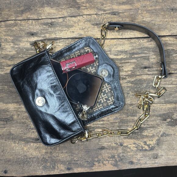 Tory Birch Amanda Black Mini Clutch Crossbody Gold Chain Removable Strap Leather - Picture 14 of 16